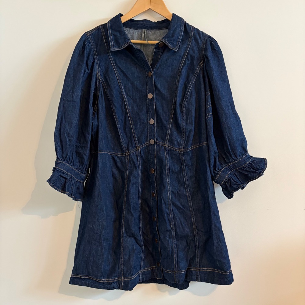 Anthropologie Denim Mini Dress Dark Wash Puff Sleeve Button Front 20W Plus Size